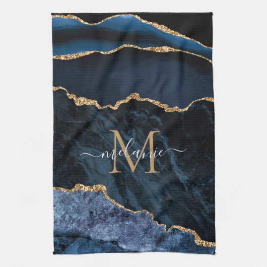 Monogram Naam Agate Navy Blue Gold Gemstone Marble Theedoek (Verticaal)