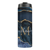 Monogram Naam Agate Navy Blue Gold Gemstone Marble Thermosbeker (Voorkant)