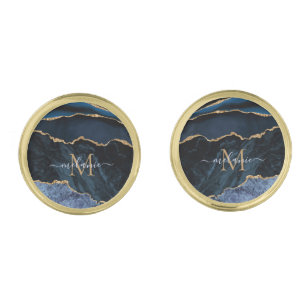 Monogram Naam Agate Navy Blue Gold Gemstone Marble Vergulde Manchetknopen