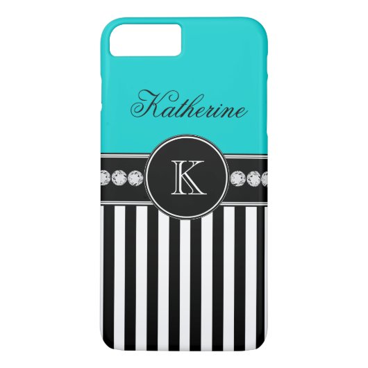 Monogram naam Aqua Black Striped Pattern Case-Mate iPhone Case (Achterkant)