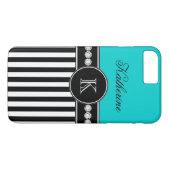 Monogram naam Aqua Black Striped Pattern Case-Mate iPhone Case (Achterkant (Horizontaal))