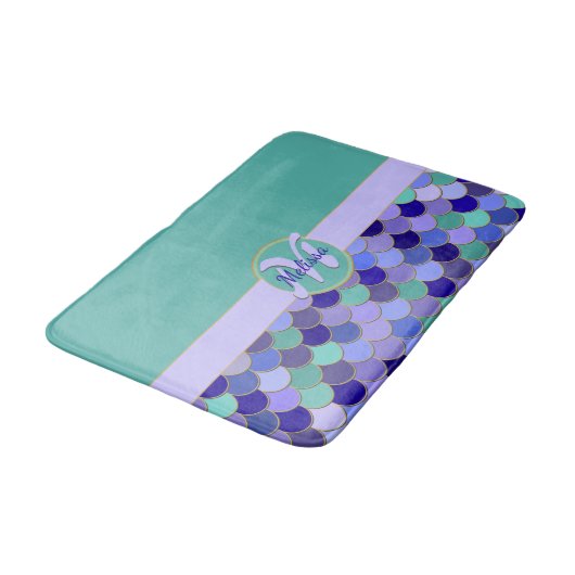 Monogram + Naam | Aqua Blauwgroen & Paarse Zeemeer Badmat (Gekanteld)