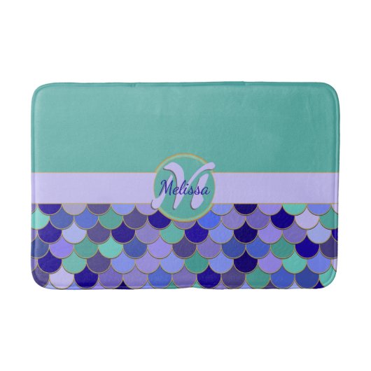 Monogram + Naam | Aqua Blauwgroen & Paarse Zeemeer Badmat (Voorkant)