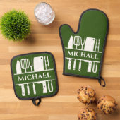 Monogram Naam BBQ Chef Cook Grilling Ovenwant & Pannenlap Set (Top down)