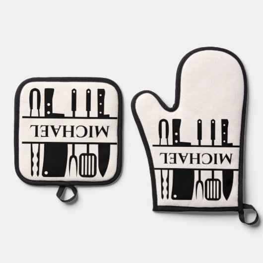 Monogram Naam BBQ Chef Cook Grilling Ovenwant & Pannenlap Set (Voorkant)