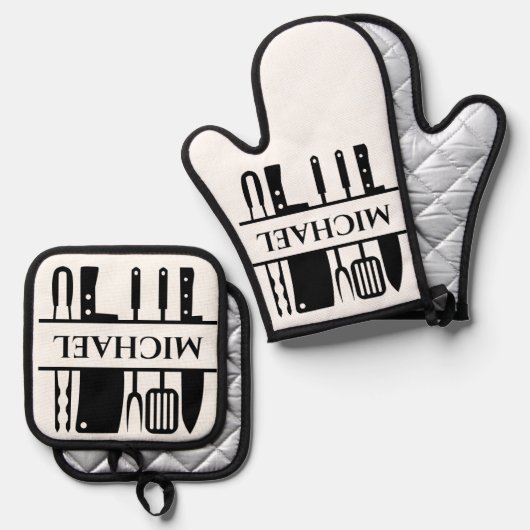 Monogram Naam BBQ Chef Cook Grilling Ovenwant & Pannenlap Set (Voorkant / Achterkant)