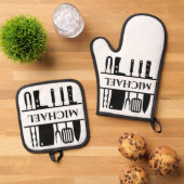 Monogram Naam BBQ Chef Cook Grilling Ovenwant & Pannenlap Set (Top down)