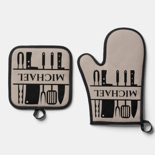 Monogram Naam BBQ Chef Cook Grilling Ovenwant & Pannenlap Set (Voorkant)