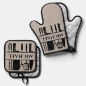 Monogram Naam BBQ Chef Cook Grilling Ovenwant & Pannenlap Set (Voorkant / Achterkant)