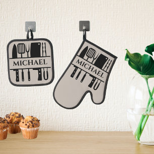 Monogram Naam BBQ Chef Cook Grilling Ovenwant & Pannenlap Set