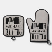Monogram Naam BBQ Chef Cook Grilling Ovenwant & Pannenlap Set (Voorkant)