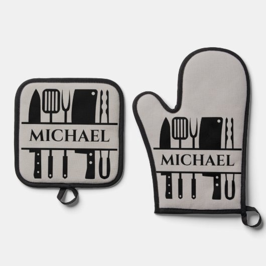 Monogram Naam BBQ Chef Cook Grilling Ovenwant & Pannenlap Set (Voorkant)