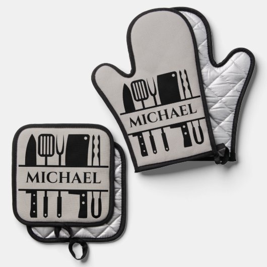 Monogram Naam BBQ Chef Cook Grilling Ovenwant & Pannenlap Set (Voorkant / Achterkant)