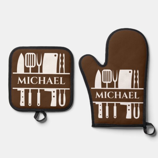 Monogram Naam BBQ Chef Cook Grilling Ovenwant & Pannenlap Set (Voorkant)
