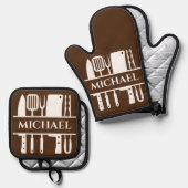 Monogram Naam BBQ Chef Cook Grilling Ovenwant & Pannenlap Set (Voorkant / Achterkant)