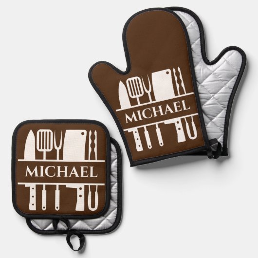 Monogram Naam BBQ Chef Cook Grilling Ovenwant & Pannenlap Set (Voorkant / Achterkant)