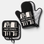 Monogram naam BBQ-chef koken grillen Ovenwant & Pannenlap Set (Voorkant / Achterkant)
