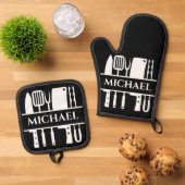 Monogram naam BBQ-chef koken grillen Ovenwant & Pannenlap Set (Top down)