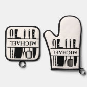 Monogram naam BBQ Chef Koken Grillen Ovenwant & Pannenlap Set (Voorkant)