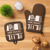 Monogram naam BBQ Chef Koken Grillen Ovenwant & Pannenlap Set (Top down)