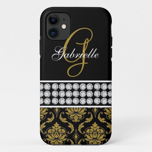 Monogram naam Black Gold Damask iPhone 5 Hoesje (Achterkant)
