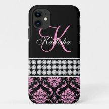 Monogram Naam Black Pink Damask iPhone 5 Hoesje