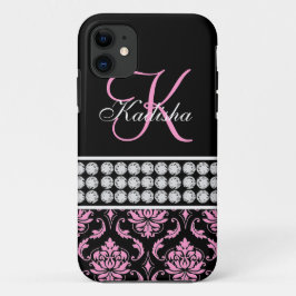 Monogram Naam Black Pink Damask iPhone 5 Hoesje