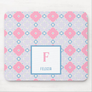 Monogram Naam Blauw en Roze Bloemen Patroon Muismat