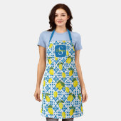 Monogram naam blauw Frans tegel citroenpatroon Schort (Gedragen)