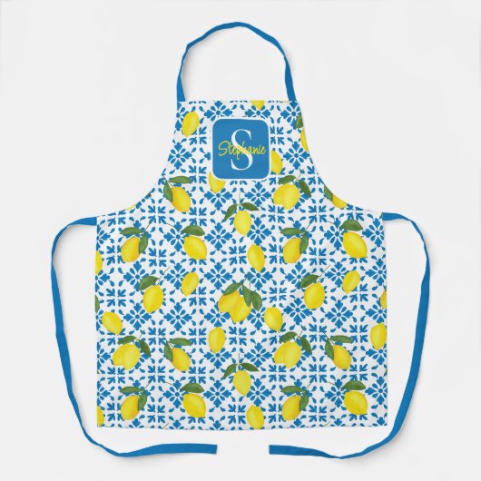 Monogram naam blauw Frans tegel citroenpatroon Schort (Voorkant)