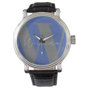 Monogram naam blauw grijs stijlvol modern cadeau o horloge