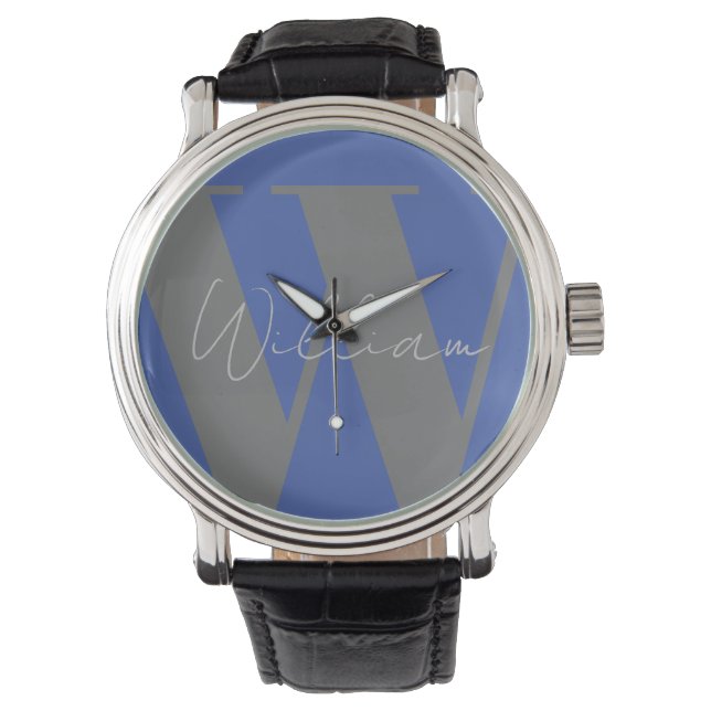 Monogram naam blauw grijs stijlvol modern cadeau o horloge (Voorkant)