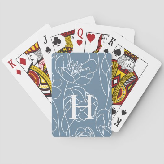Monogram naam blauw moderne wilde bloem pokerkaarten (Achterkant)