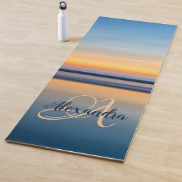 Monogram Naam Blauw Oranje Zen Beach Ocean Sunset Yogamat