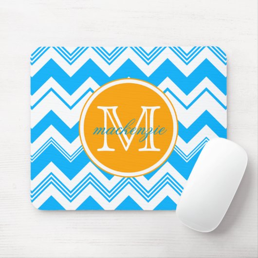 Monogram Naam Blauw Witte Chevron Pattern Muismat (Met muis)