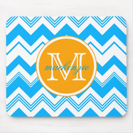 Monogram Naam Blauw Witte Chevron Pattern Muismat (Voorkant)