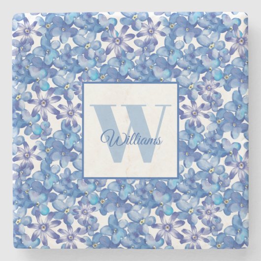 Monogram Naam Blauwe Floral Botanisch Stenen Onderzetter (Voorkant)