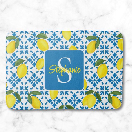 Monogram naam blauwe Franse tegel citroenpatroon Badmat