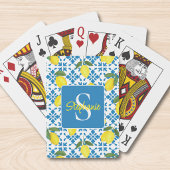 Monogram naam blauwe Franse tegel citroenpatroon Pokerkaarten