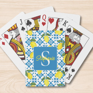 Monogram naam blauwe Franse tegel citroenpatroon  Pokerkaarten