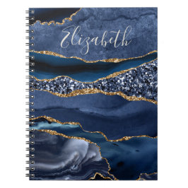Monogram Naam Blauwe Goud Glitter Agate Marmer  Notitieboek
