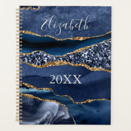 Monogram Naam Blauwe Goud Glitter Agate Marmer  Planner