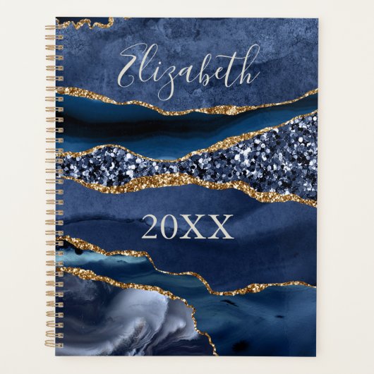 Monogram Naam Blauwe Goud Glitter Agate Marmer Planner (Voorkant)