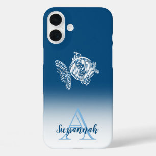 Monogram Naam Blauwe Ombre Witte Vis Omlijning iPhone 16 Plus Hoesje
