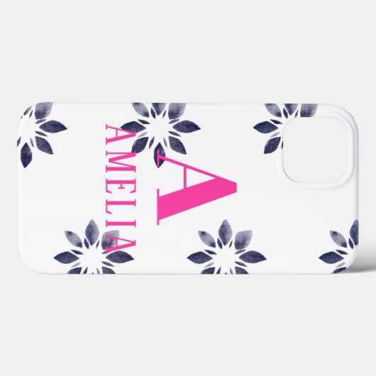 Monogram Naam Blauwe Roze Retrofloer Waterverf Case-Mate iPhone Case (Achterkant (horizontaal))