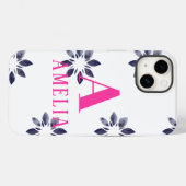Monogram Naam Blauwe Roze Waterverf Retroflower Case-Mate iPhone Case (Achterkant (horizontaal))