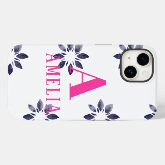 Monogram Naam Blauwe Roze Waterverf Retroflower Case-Mate iPhone Case (Achterkant (horizontaal))
