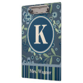 Monogram Naam Blauwe Streep Bloemen Leraar Klembord (Links)