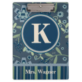 Monogram Naam Blauwe Streep Bloemen Leraar Klembord (Voorkant)