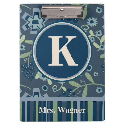 Monogram Naam Blauwe Streep Bloemen Leraar Klembord (Voorkant)